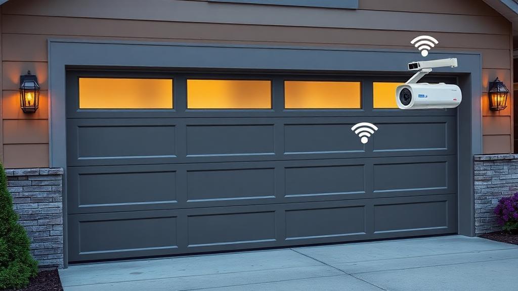 Modern garage door with smart features including keypad entry and WiFi-enabled opener
