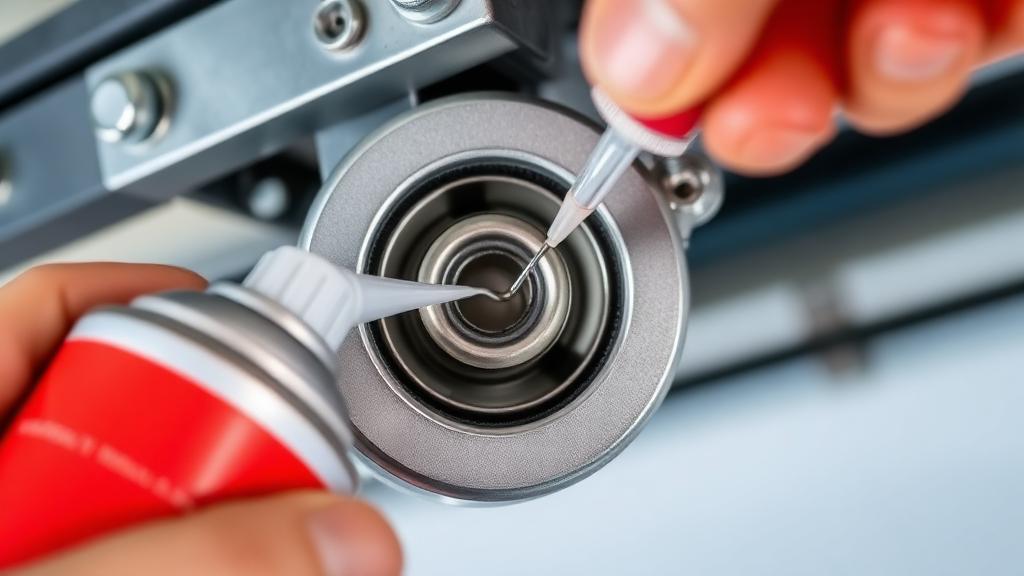 Close-up of garage door bearing being lubricated with spray lubricant during maintenance service