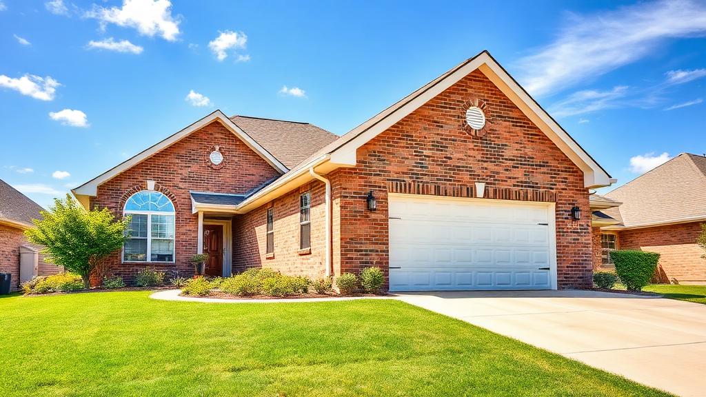 Beautiful residential home with garage door in summer sunshine with blue sky and landscaping